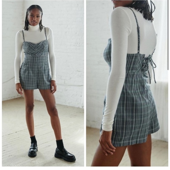 NWT UO plaid lace up corset back romper with adjustable corseted back - Picture 2 of 10